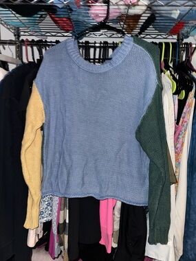 Colorblock Crewneck Sweater - Blue, Green & Yellow